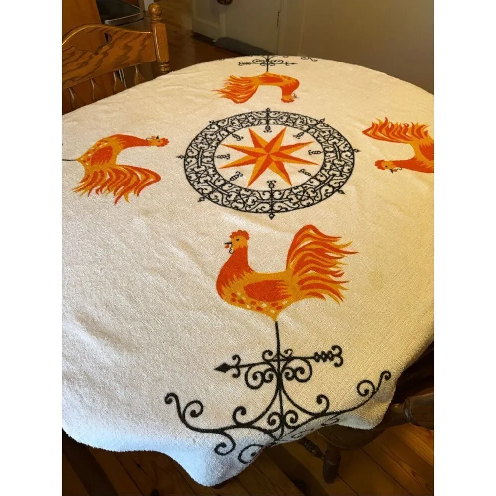 Vintage Terrycloth Chicken Rooster Tablecloth MCM Mod READ